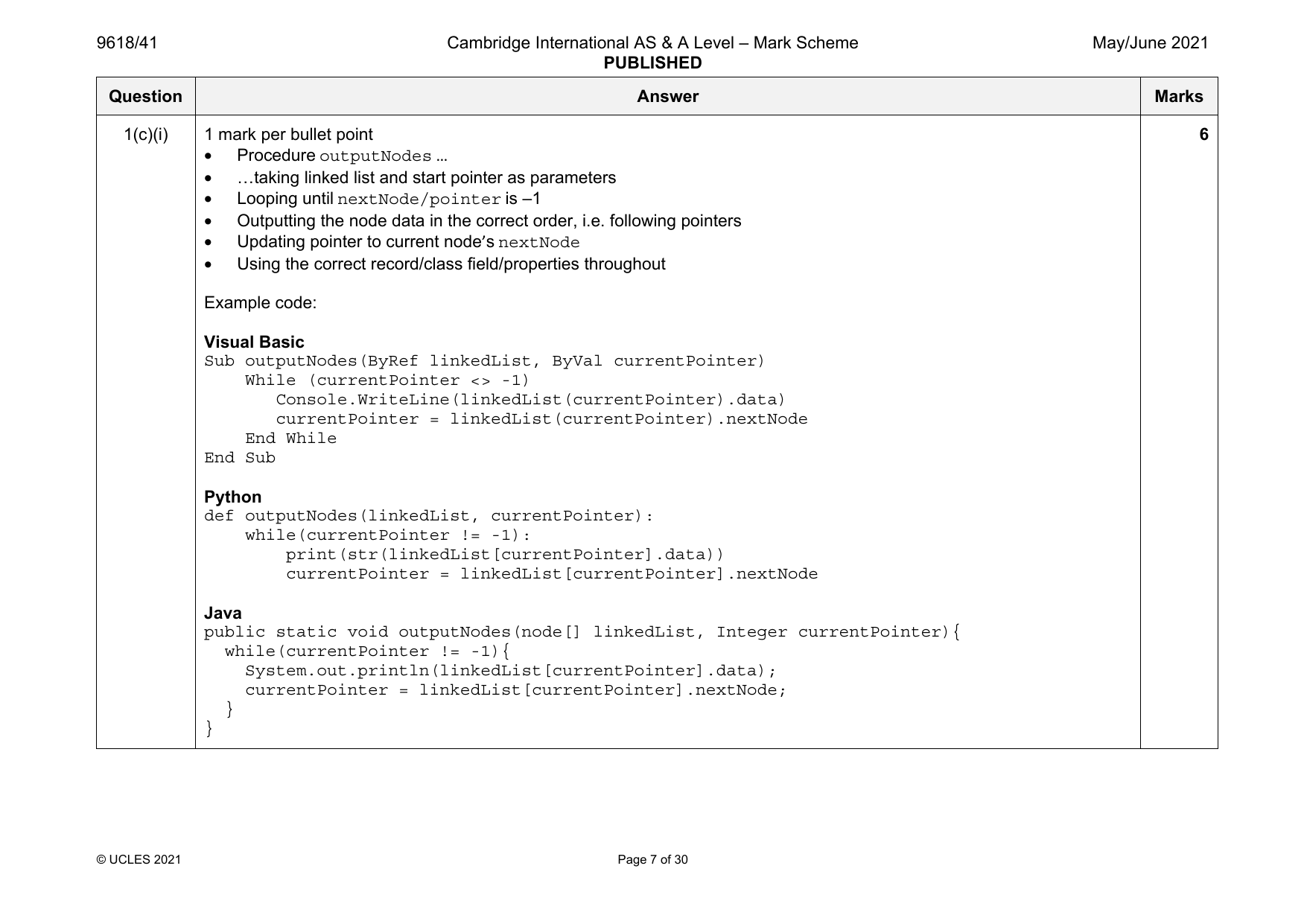 9618-2021-mj-41-q01 official mark scheme page