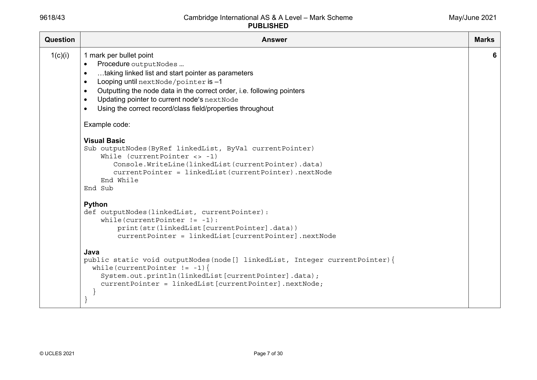 9618-2021-mj-43-q01 official mark scheme page