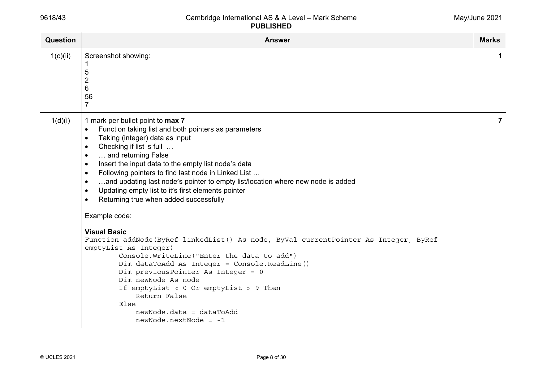 9618-2021-mj-43-q01 official mark scheme page