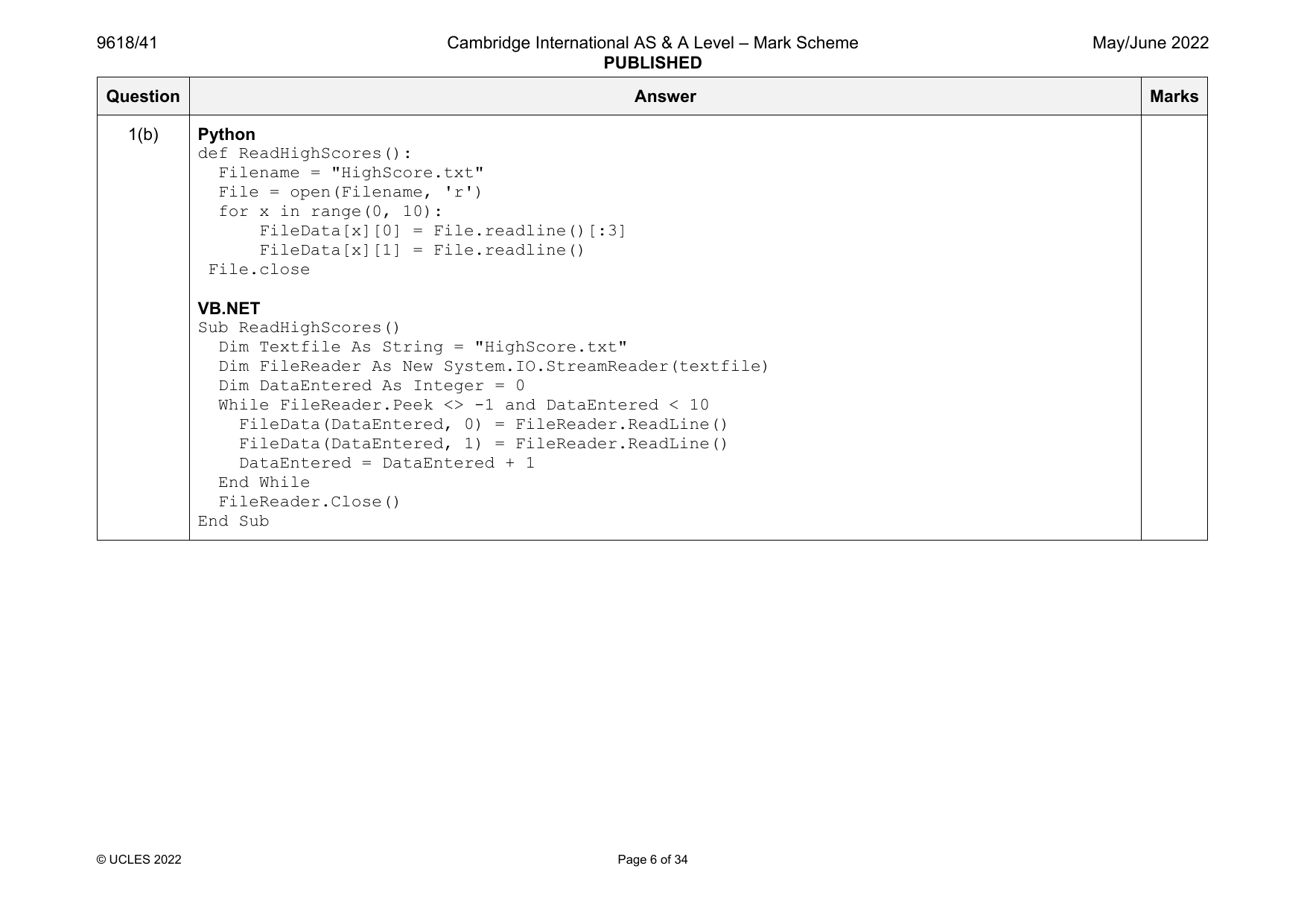 9618-2022-mj-41-q01 official mark scheme page
