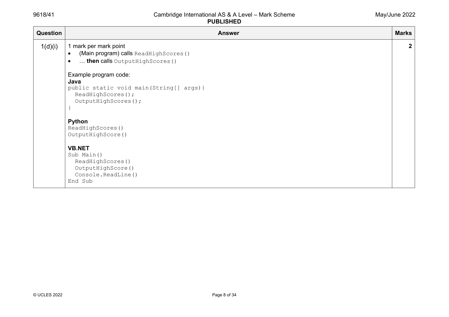 9618-2022-mj-41-q01 official mark scheme page