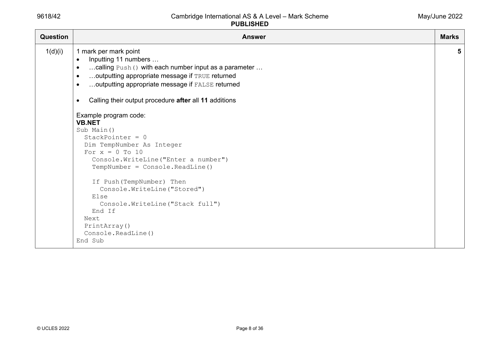 9618-2022-mj-42-q01 official mark scheme page