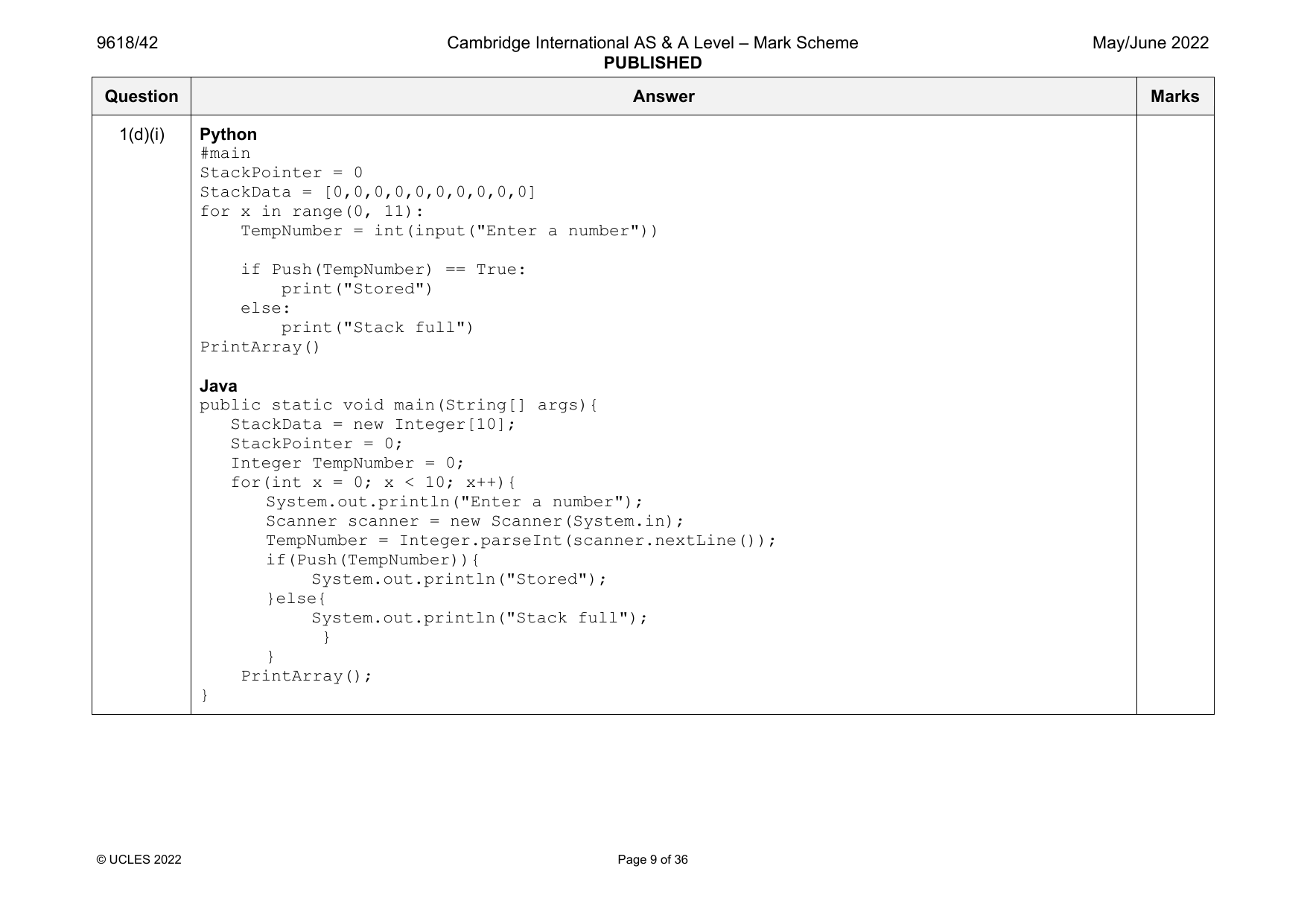 9618-2022-mj-42-q01 official mark scheme page