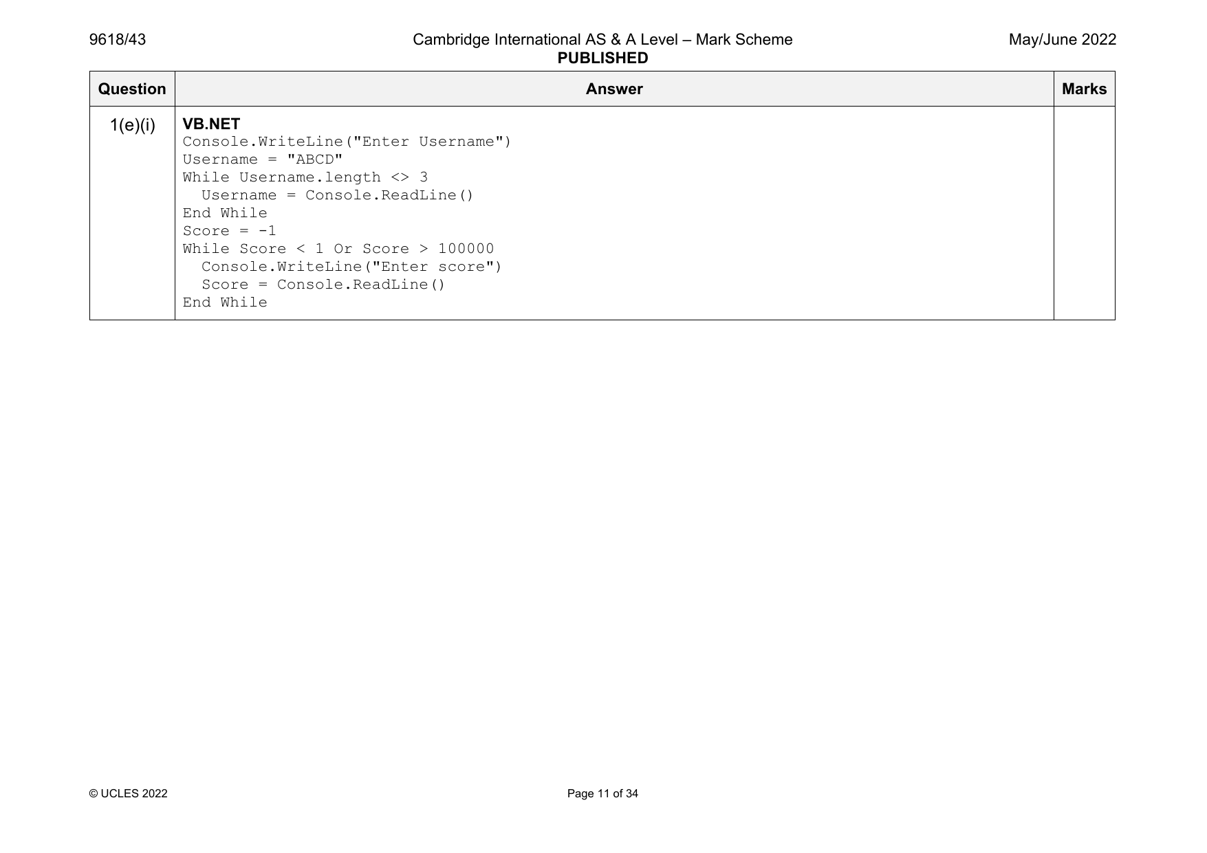 9618-2022-mj-43-q01 official mark scheme page