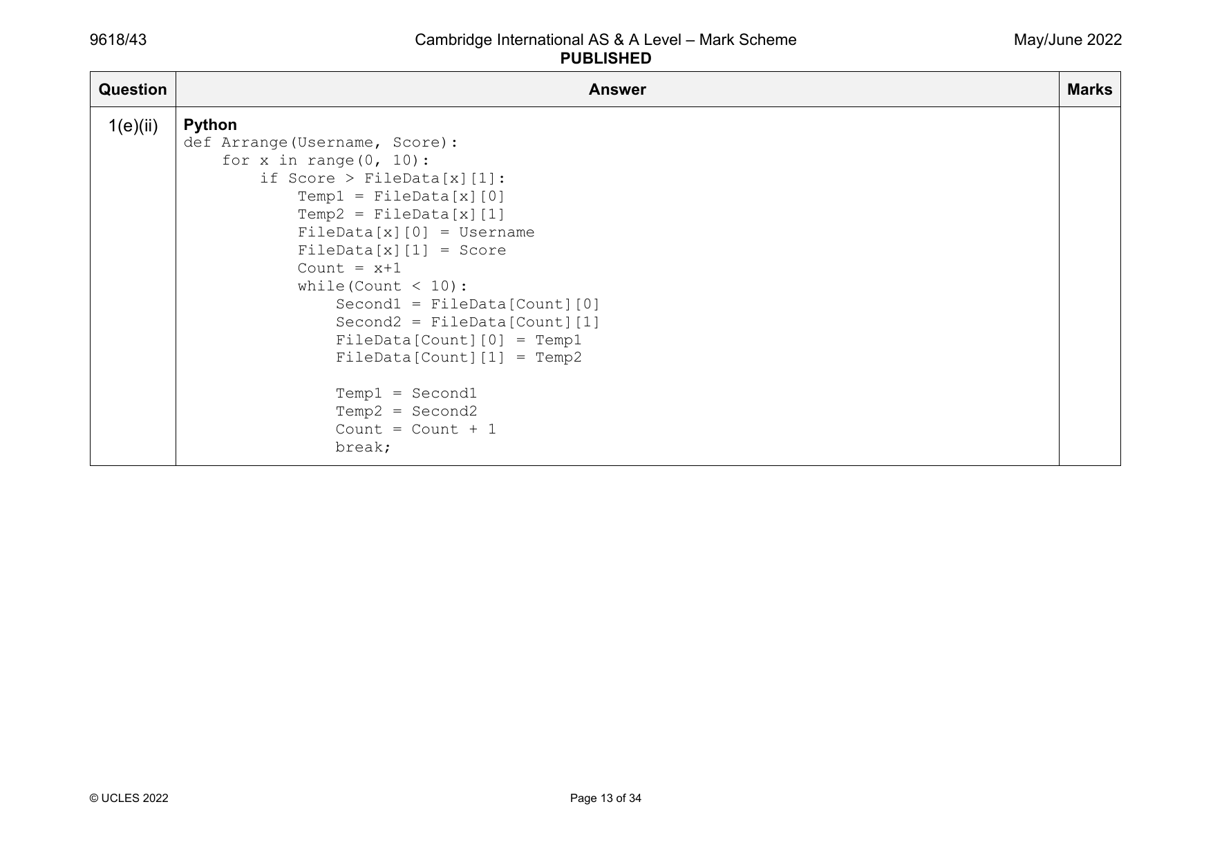 9618-2022-mj-43-q01 official mark scheme page