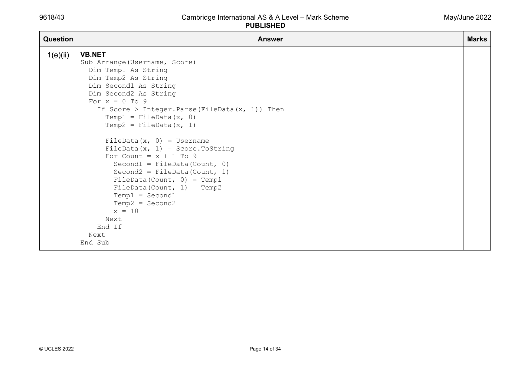 9618-2022-mj-43-q01 official mark scheme page
