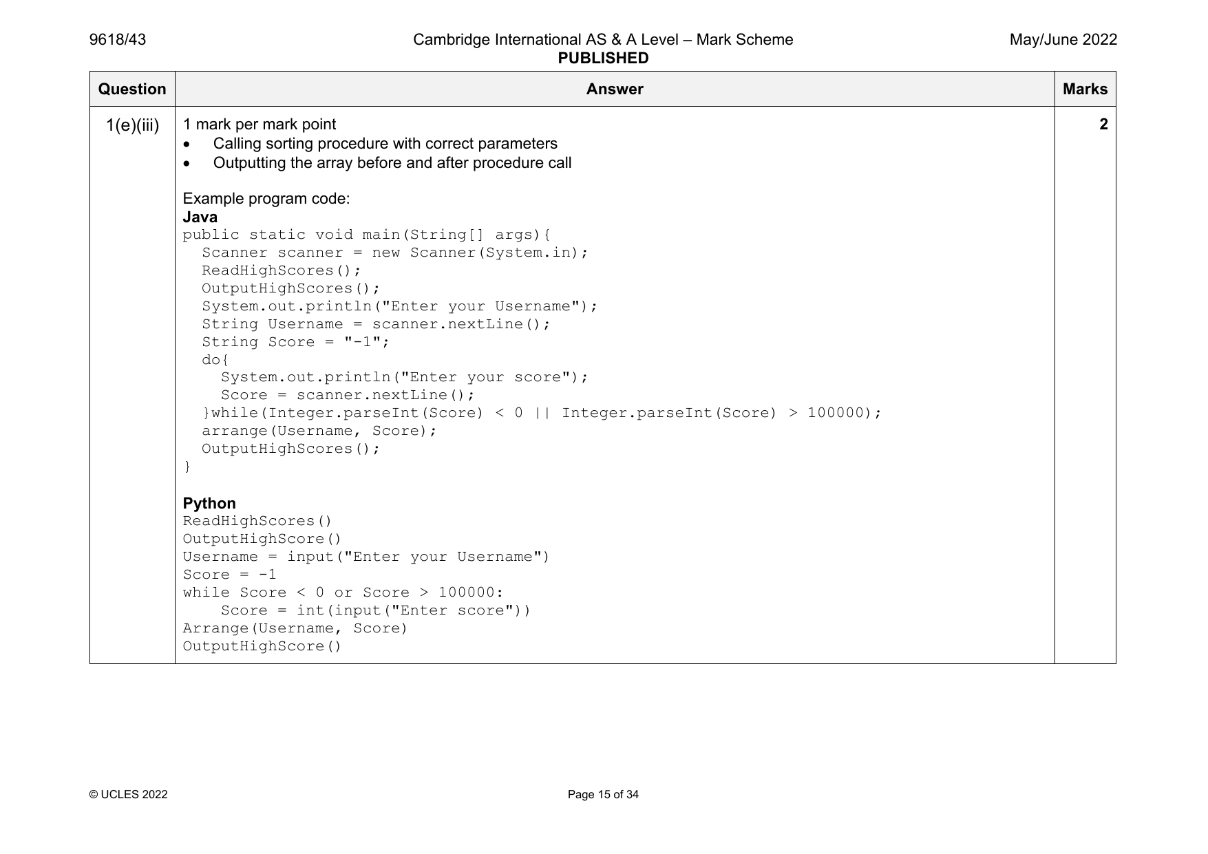 9618-2022-mj-43-q01 official mark scheme page