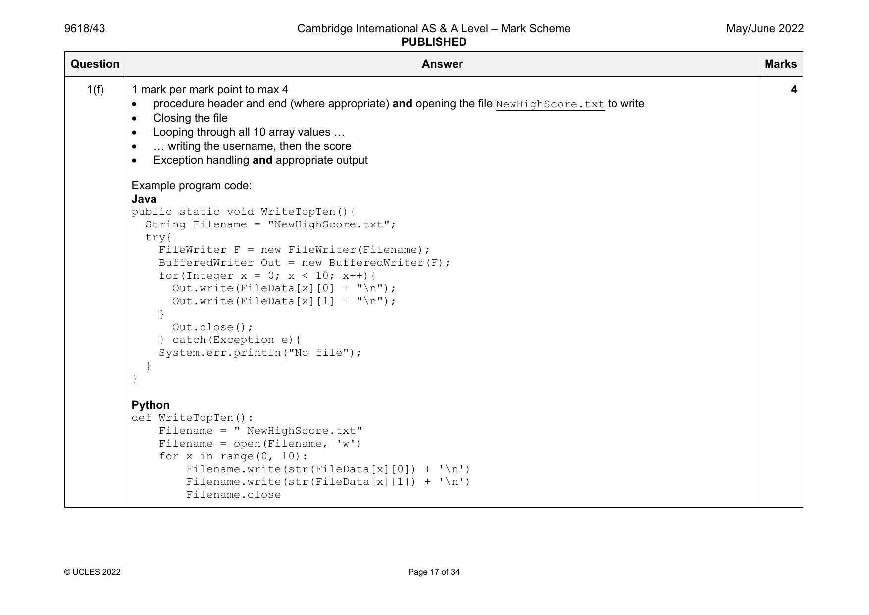 9618-2022-mj-43-q01 official mark scheme page