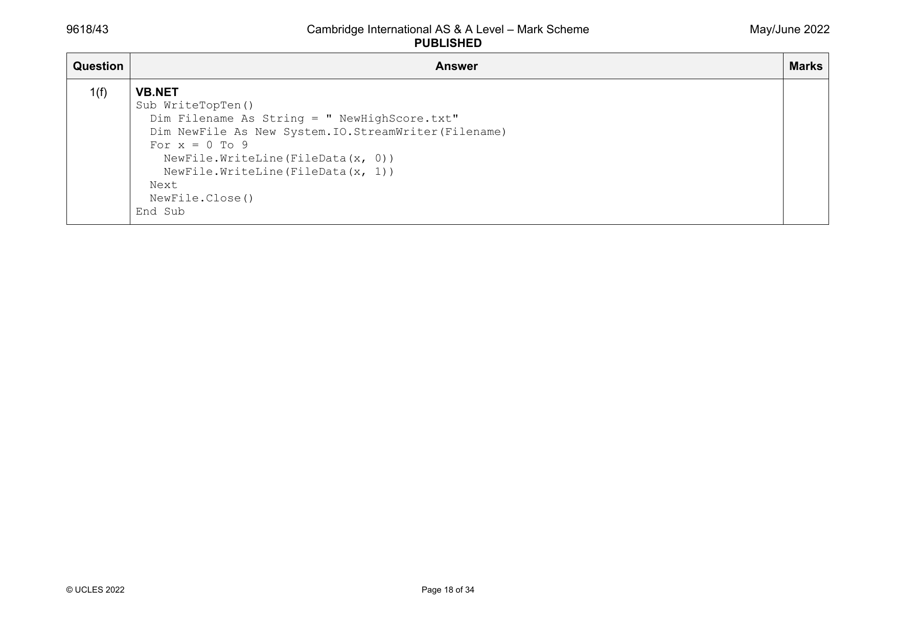 9618-2022-mj-43-q01 official mark scheme page