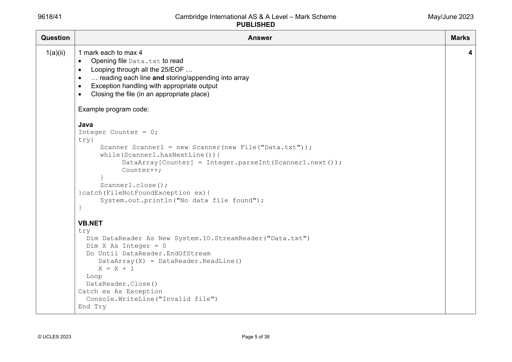 9618-2023-mj-41-q01 official mark scheme page