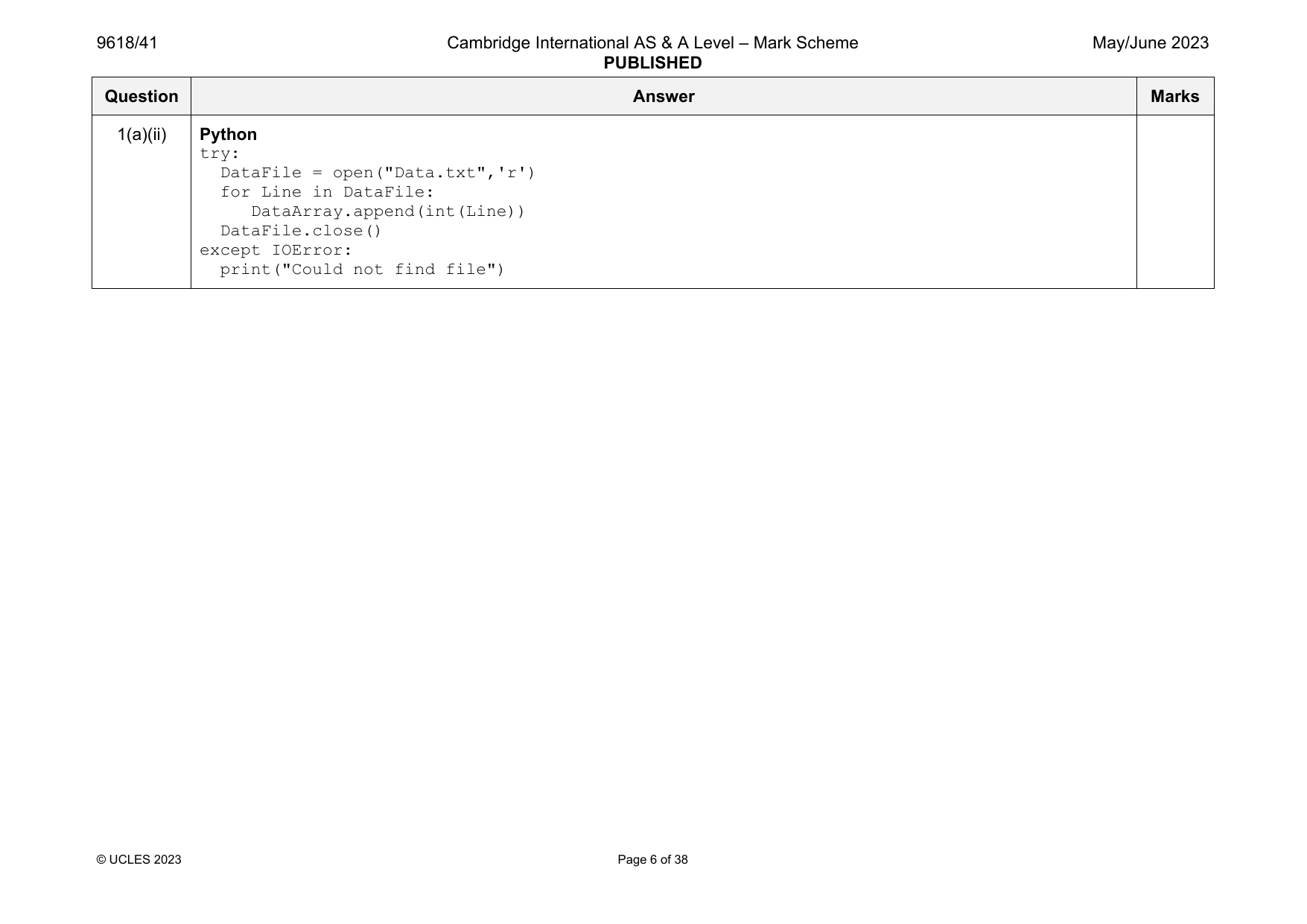 9618-2023-mj-41-q01 official mark scheme page