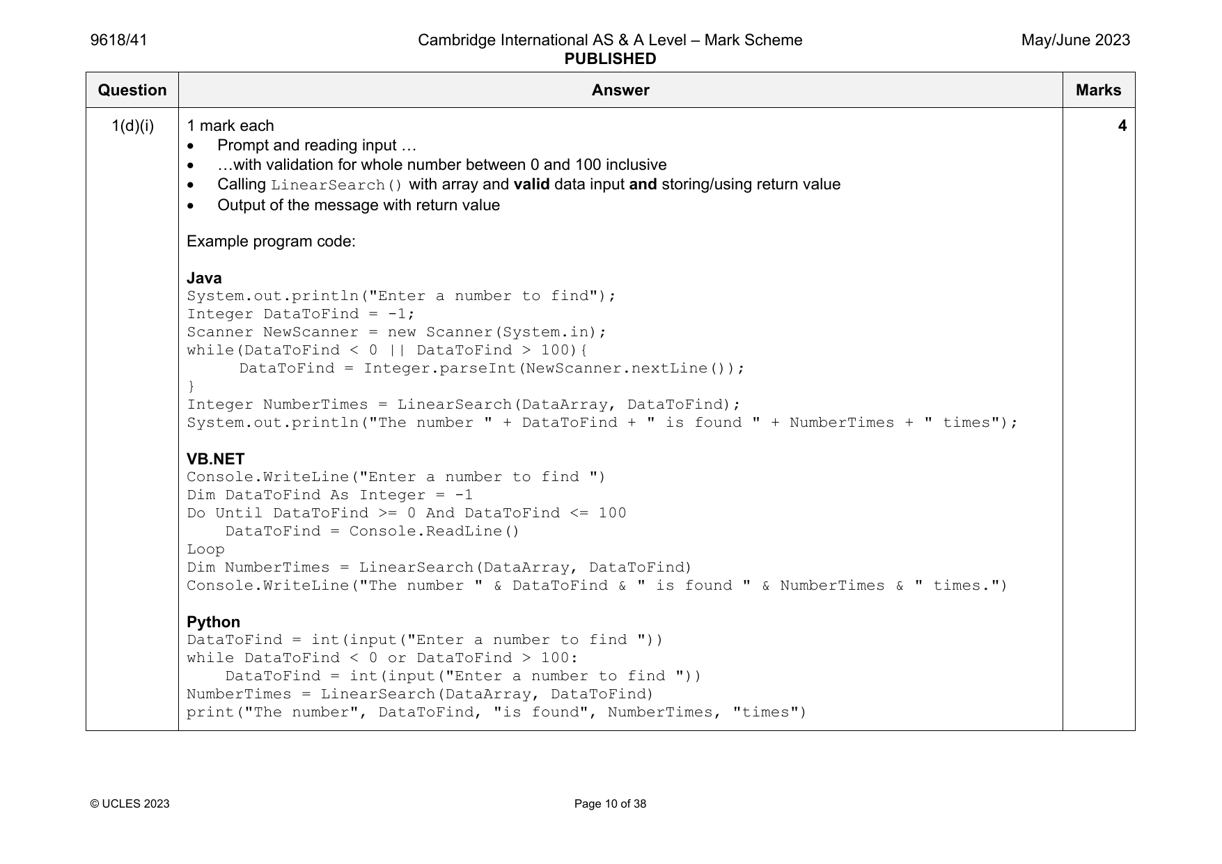 9618-2023-mj-41-q01 official mark scheme page