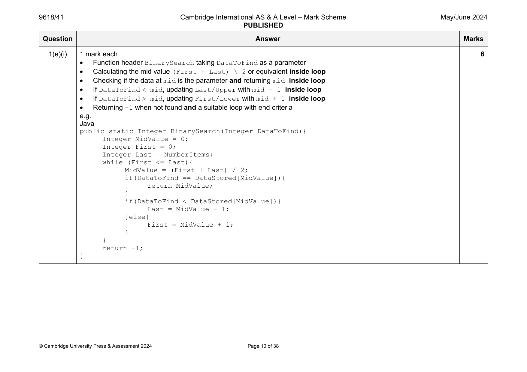 9618-2024-mj-41-q01 official mark scheme page