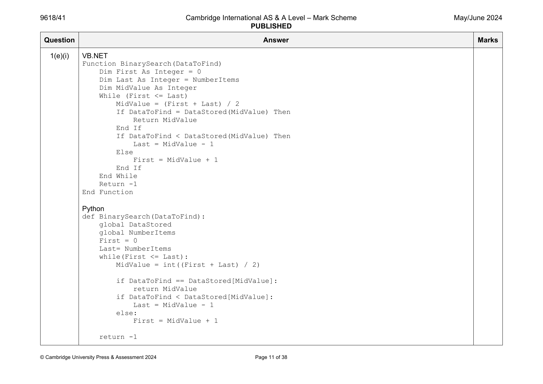 9618-2024-mj-41-q01 official mark scheme page