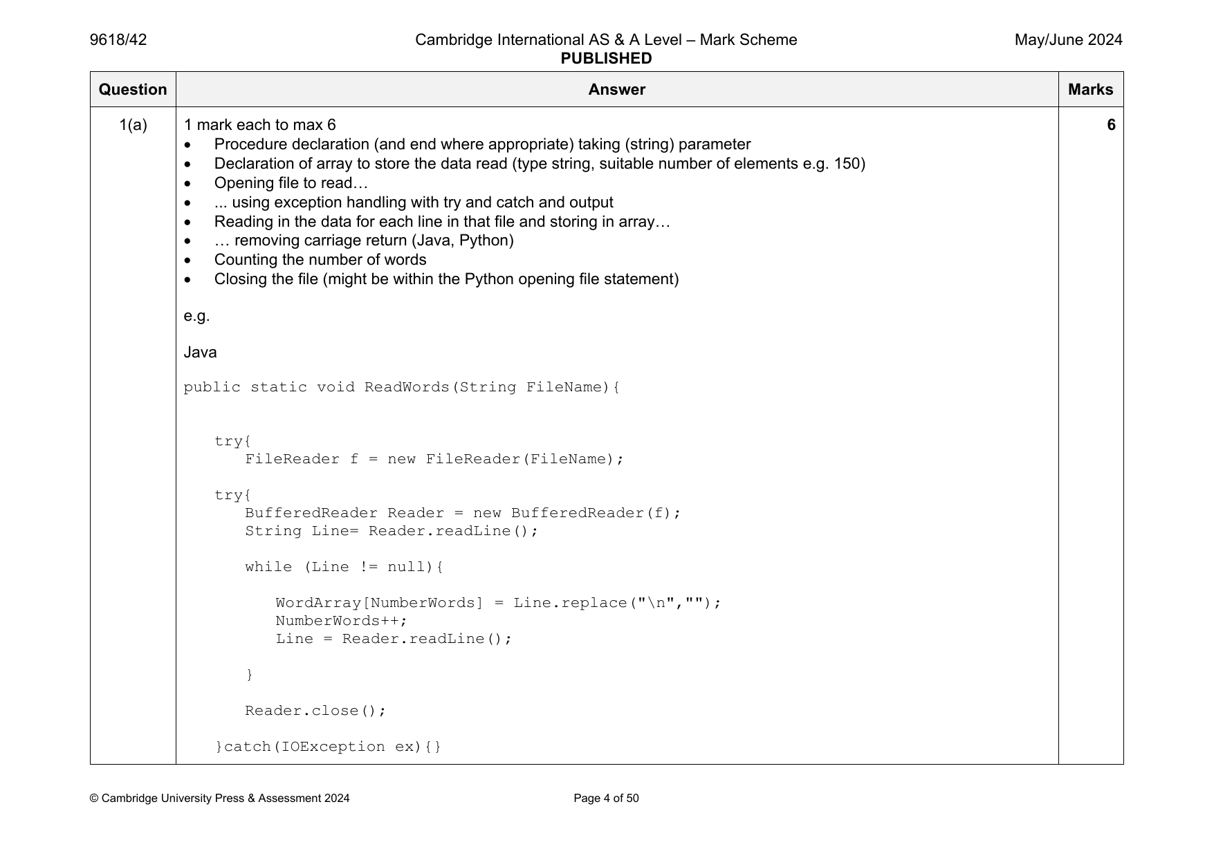 9618-2024-mj-42-q01 official mark scheme page