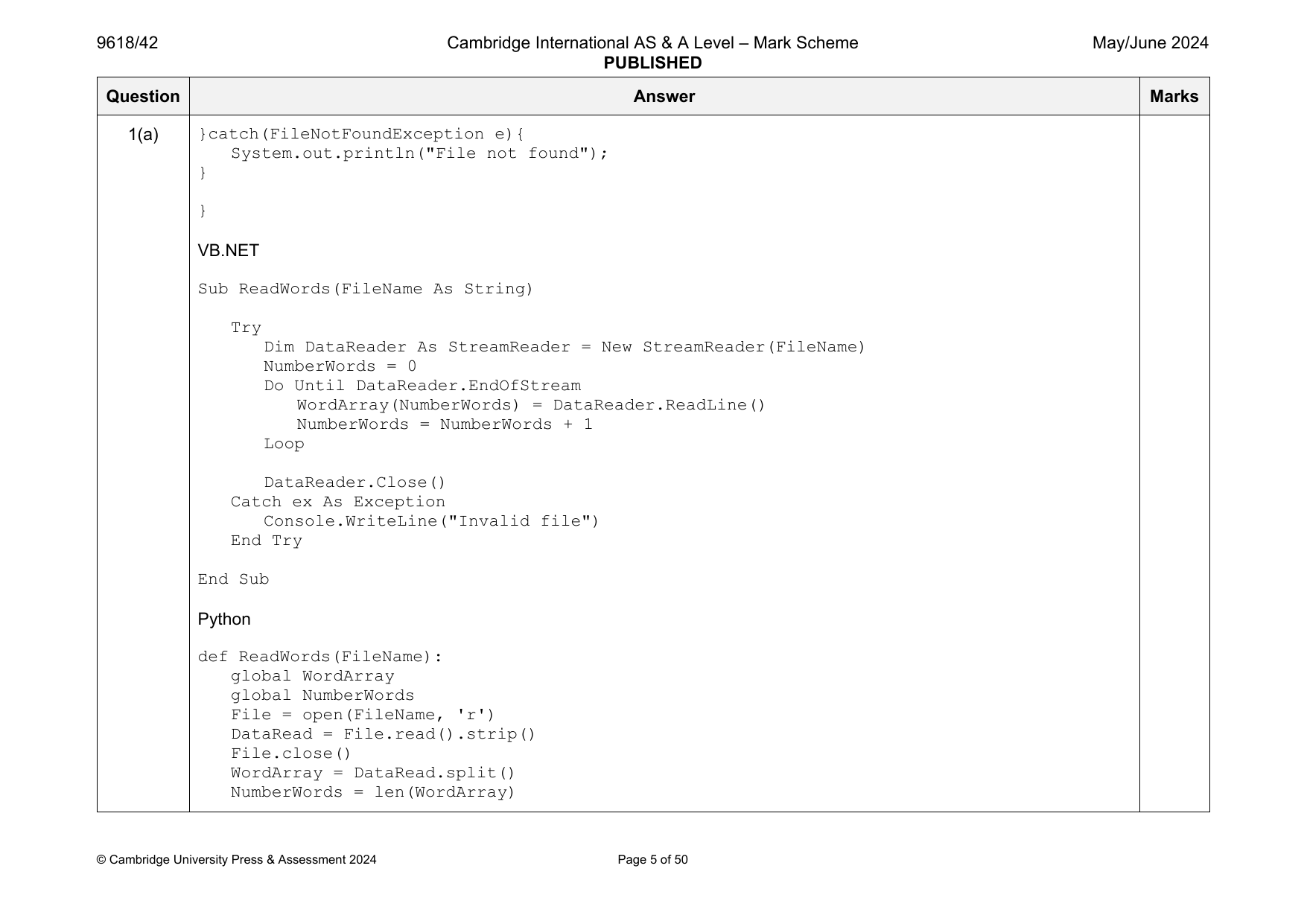 9618-2024-mj-42-q01 official mark scheme page