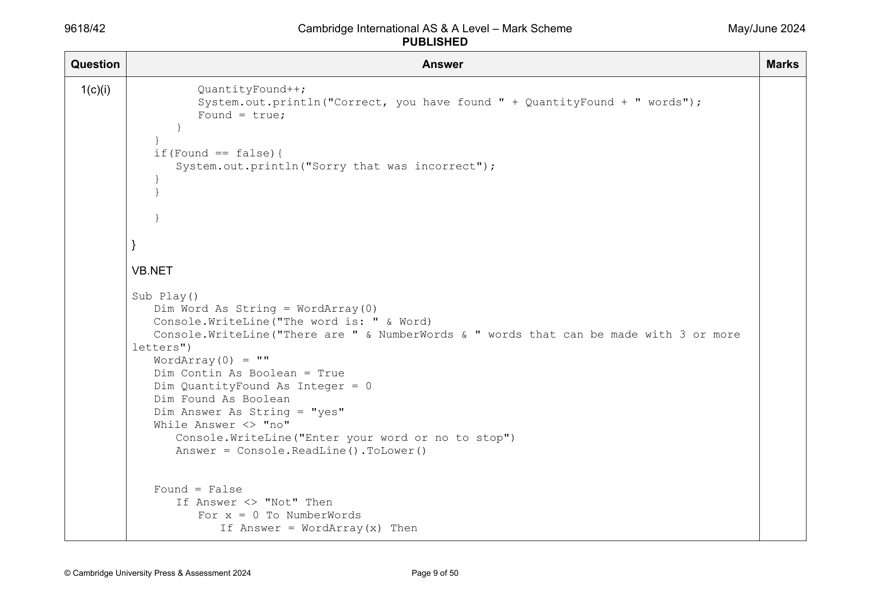9618-2024-mj-42-q01 official mark scheme page