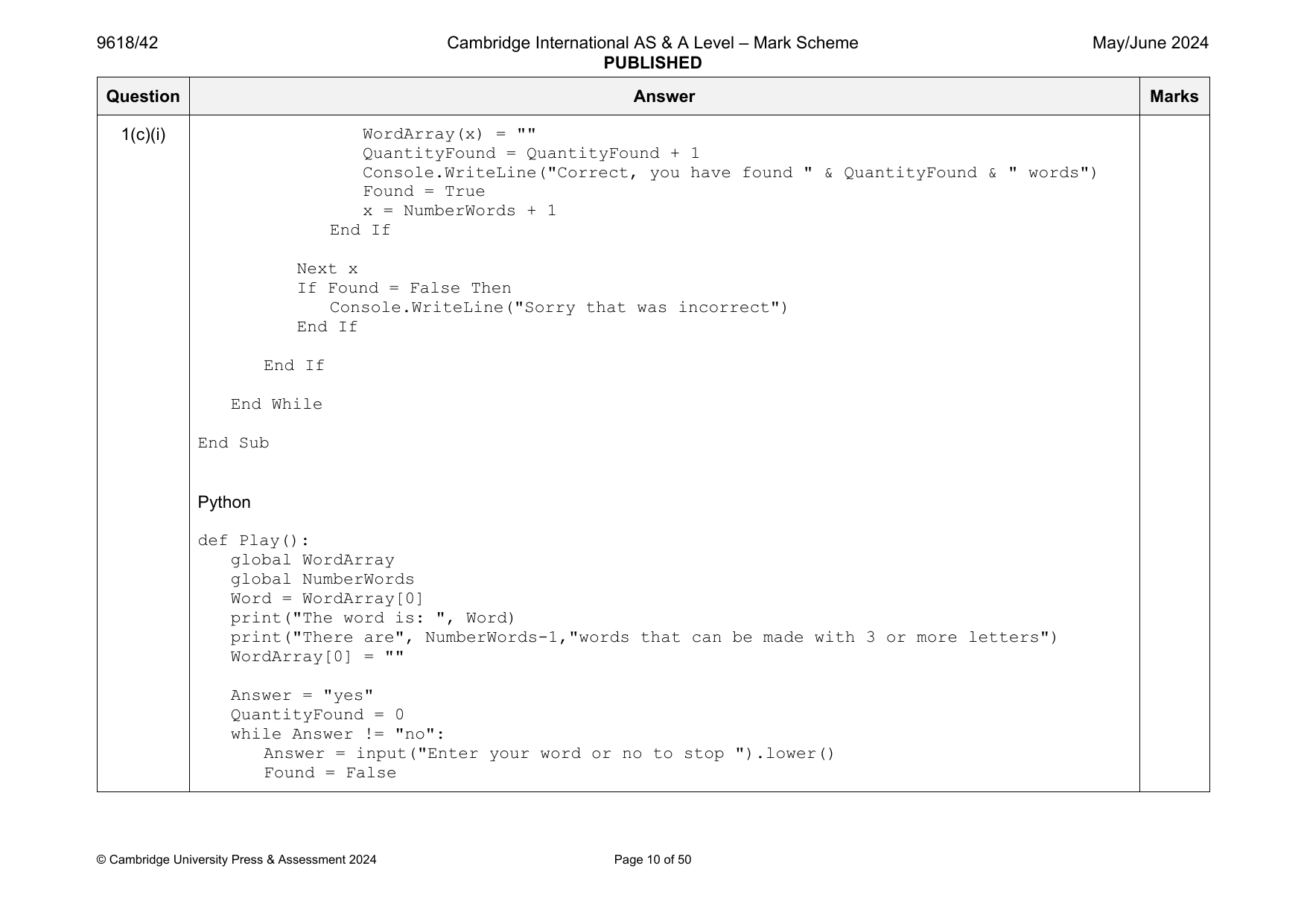 9618-2024-mj-42-q01 official mark scheme page