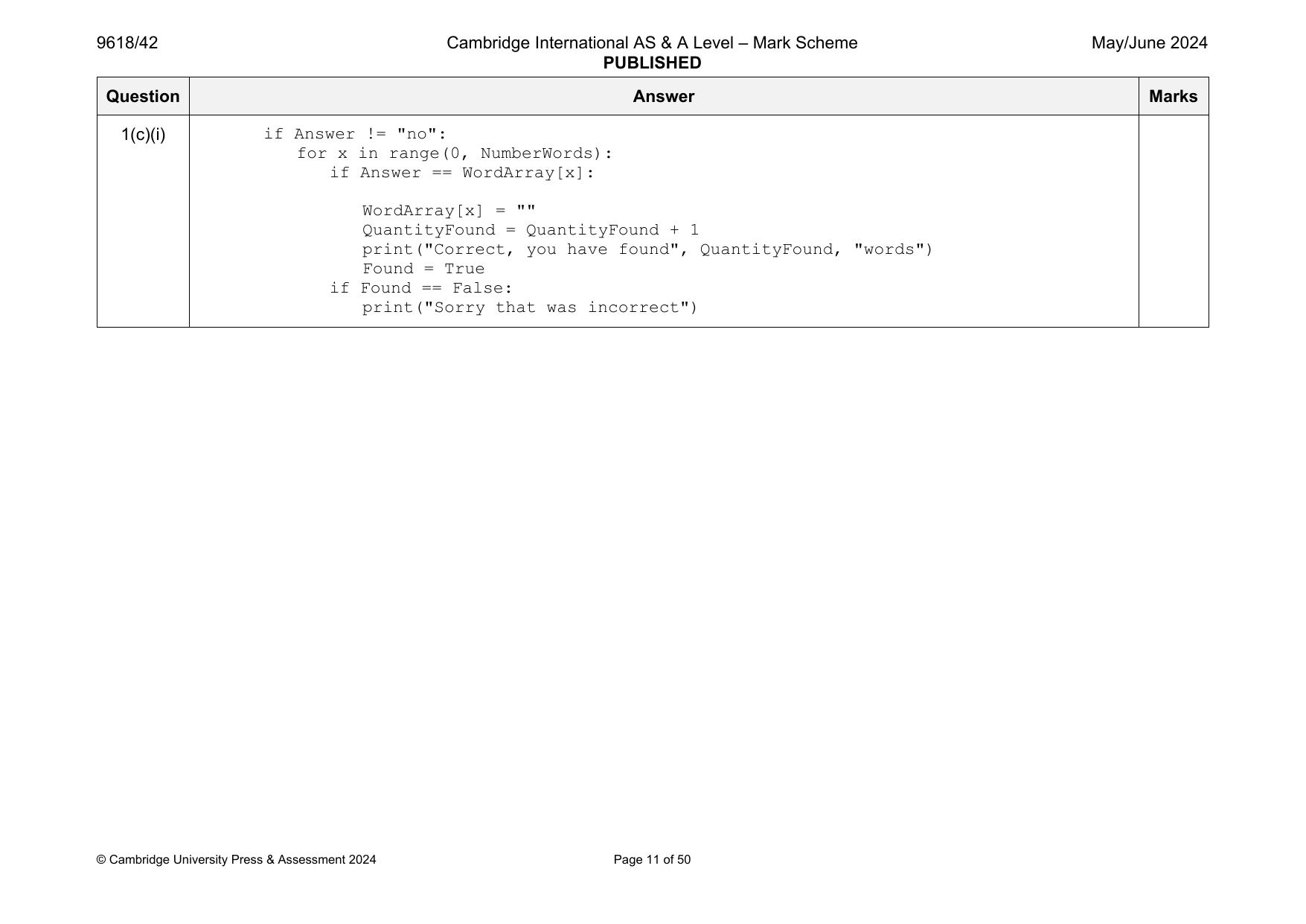 9618-2024-mj-42-q01 official mark scheme page