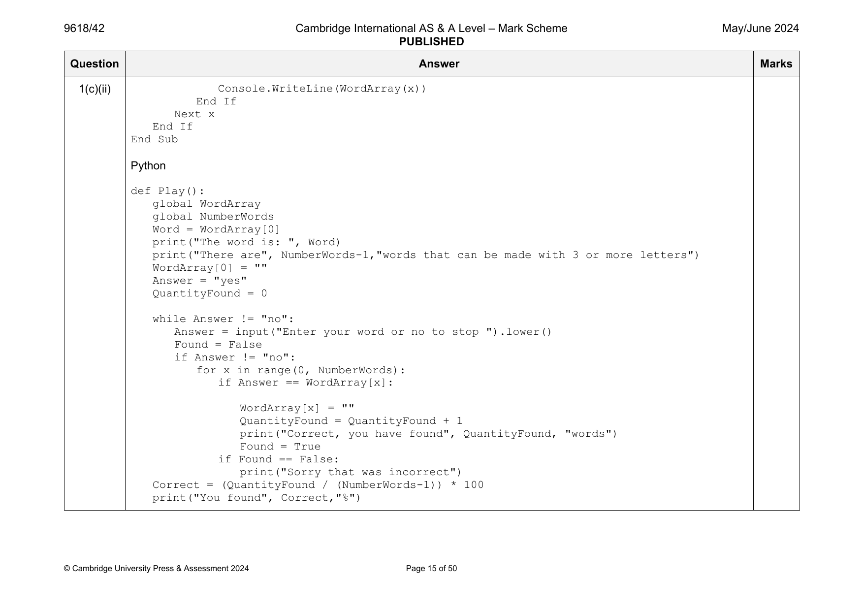 9618-2024-mj-42-q01 official mark scheme page