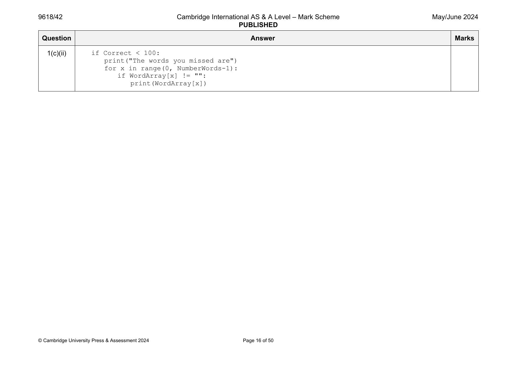 9618-2024-mj-42-q01 official mark scheme page