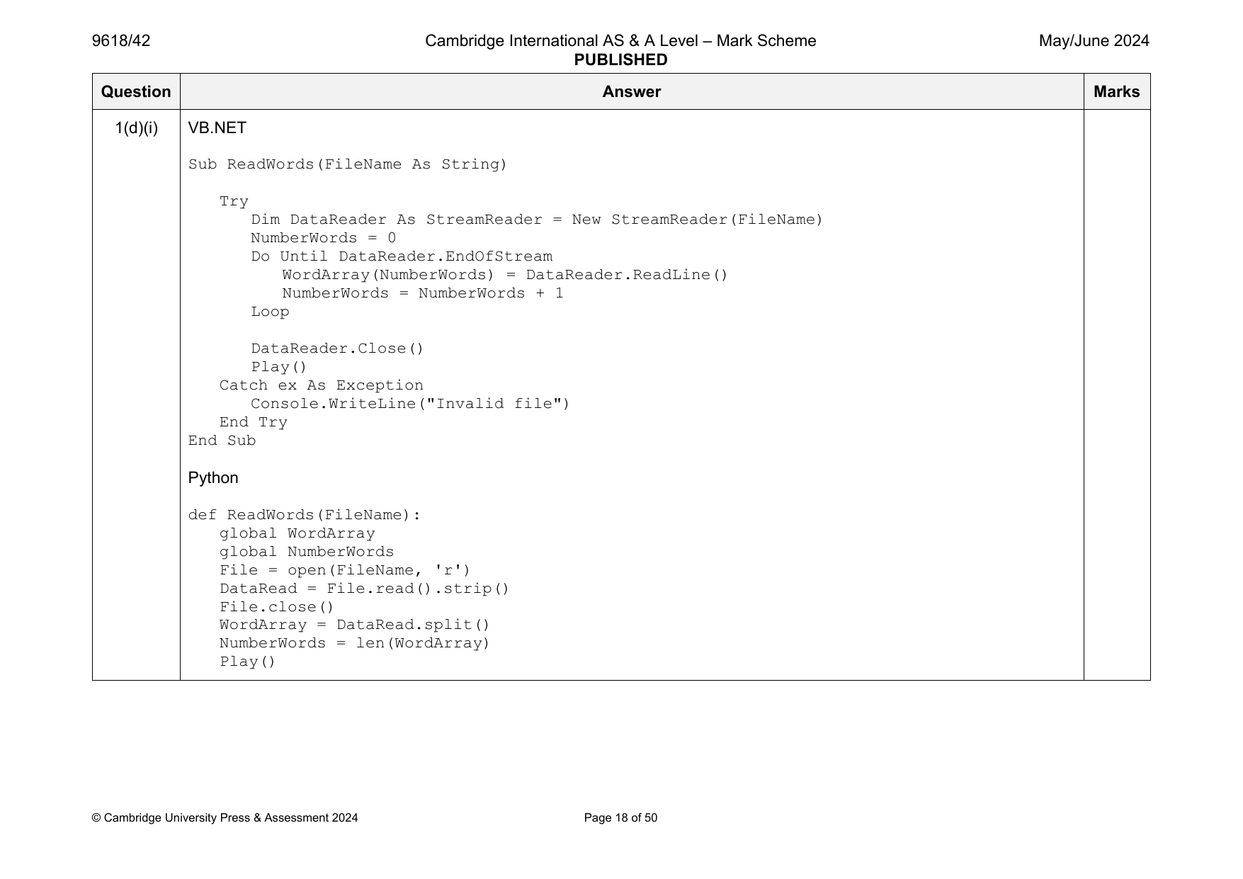 9618-2024-mj-42-q01 official mark scheme page