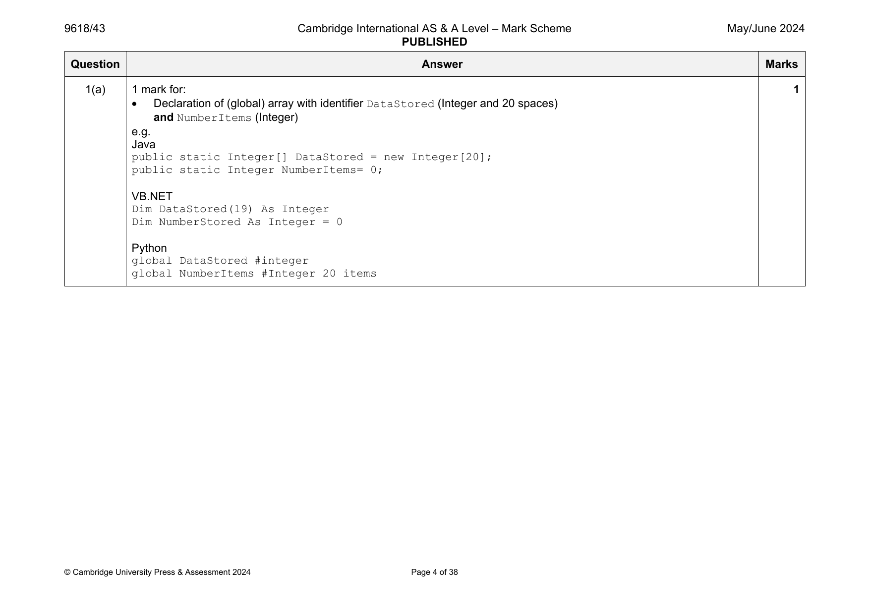 9618-2024-mj-43-q01 official mark scheme page