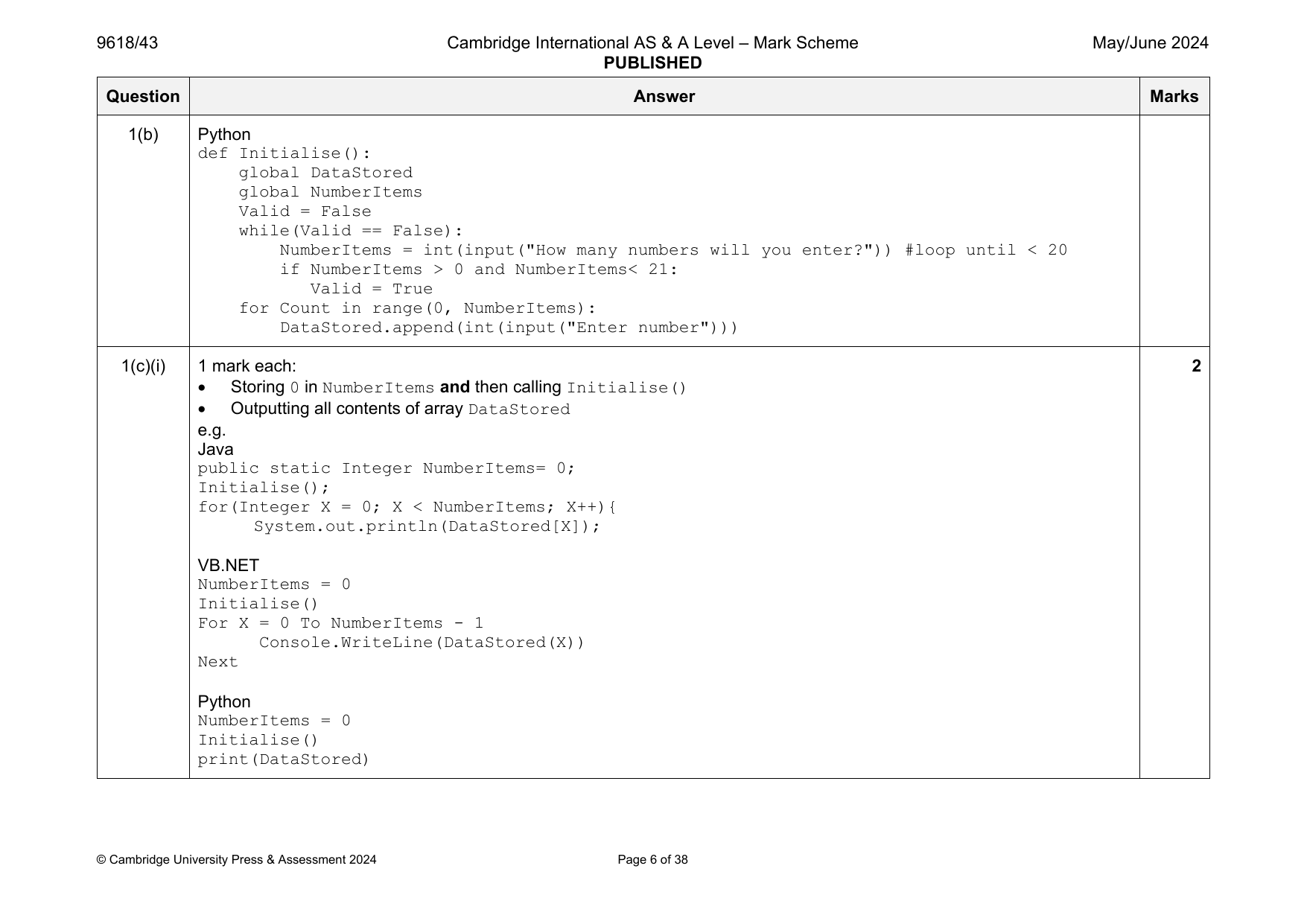 9618-2024-mj-43-q01 official mark scheme page