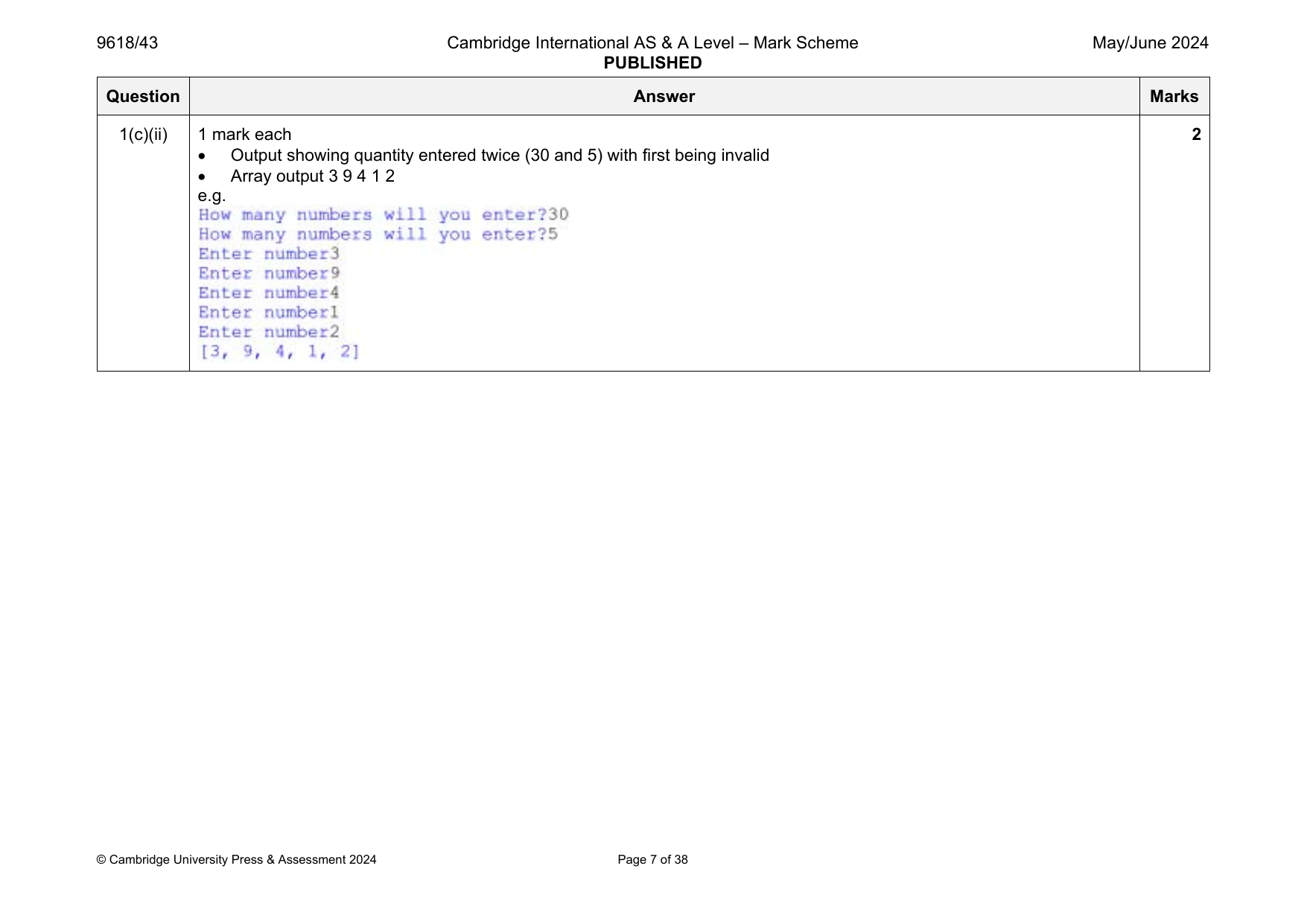 9618-2024-mj-43-q01 official mark scheme page