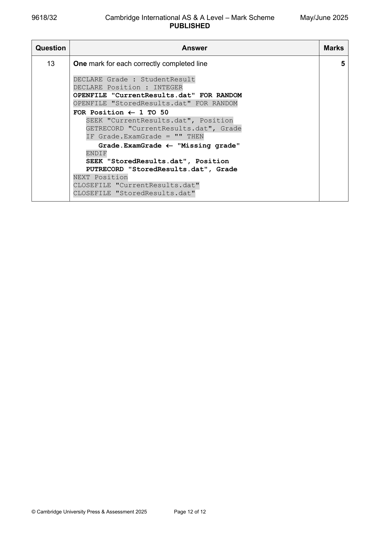 9618-2025-mj-32-q13 official mark scheme page