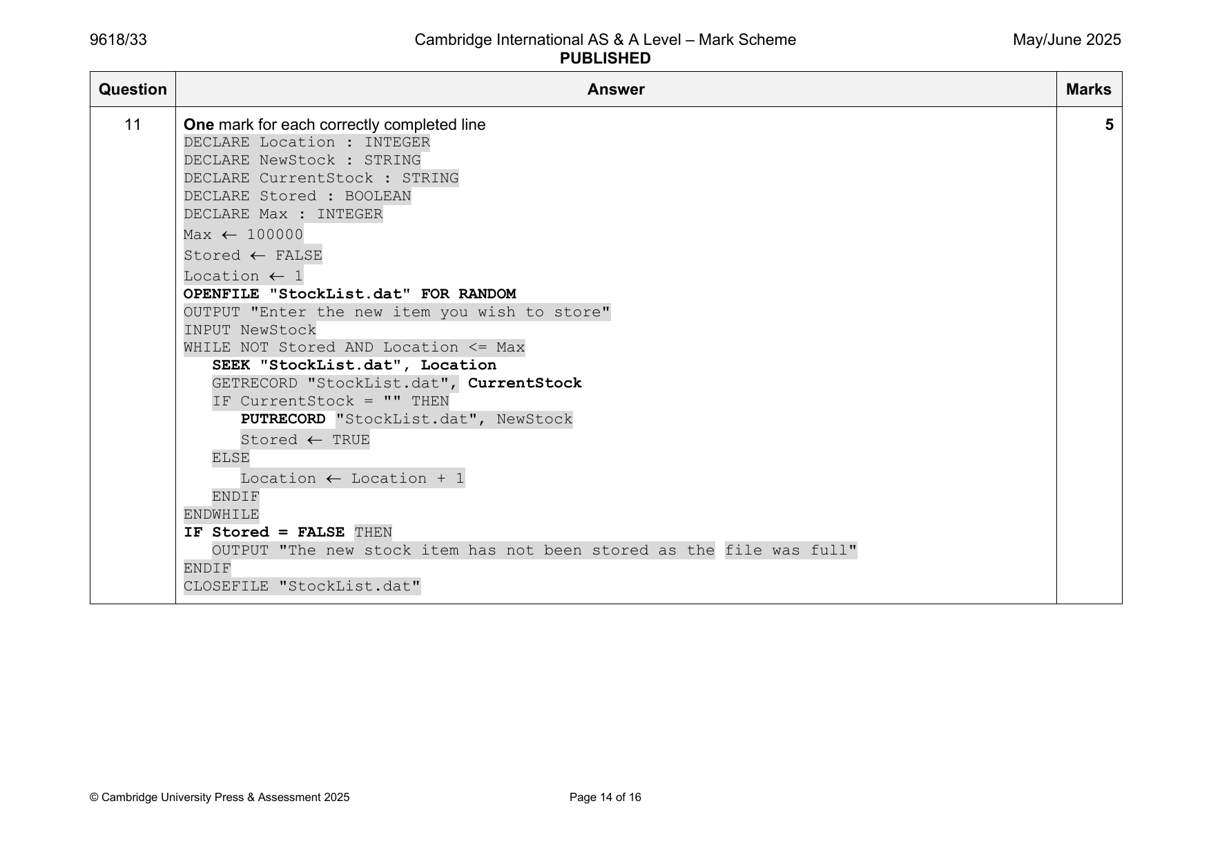 9618-2025-mj-33-q11 official mark scheme page