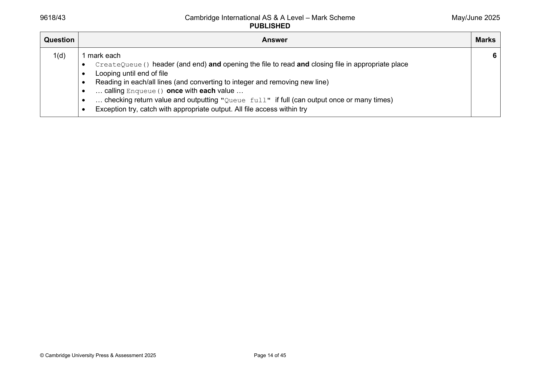 9618-2025-mj-43-q01 official mark scheme page