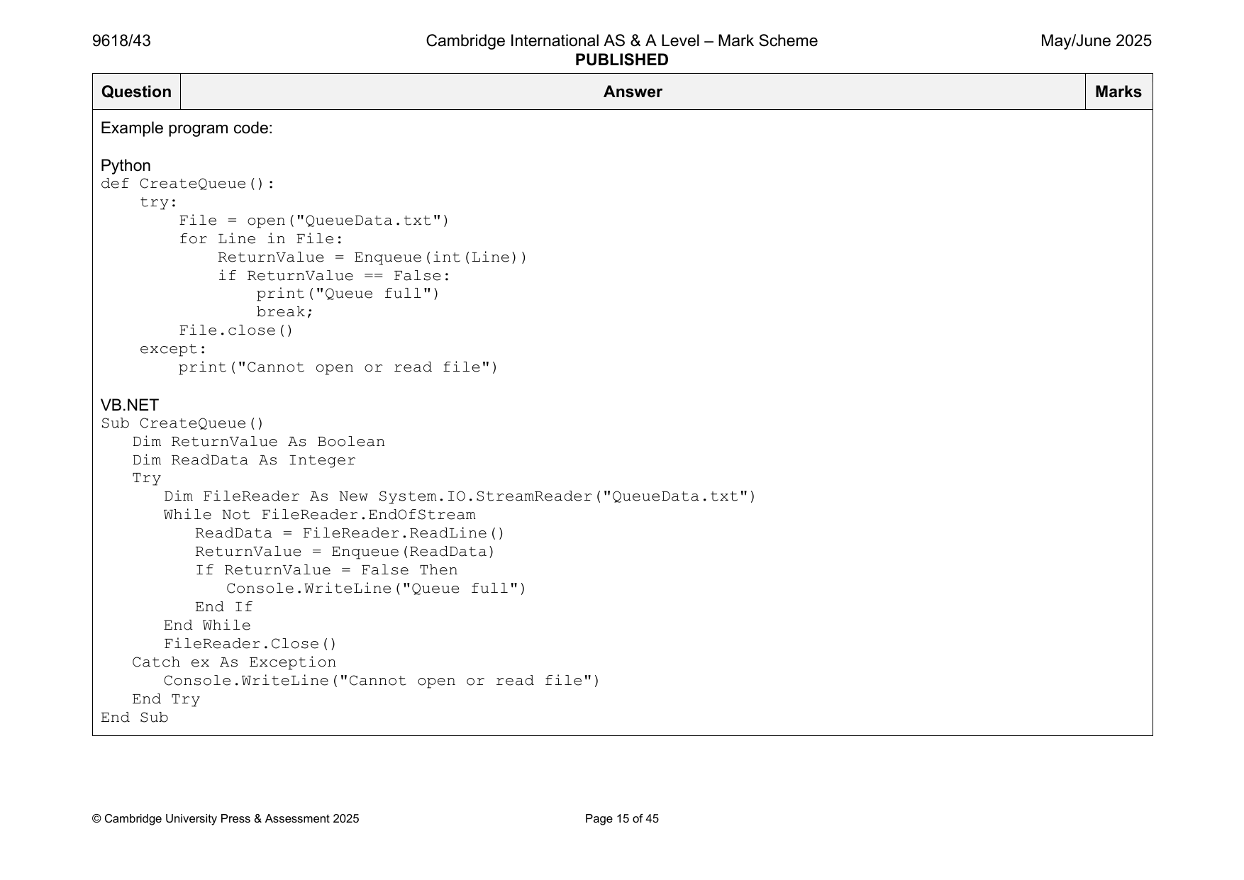 9618-2025-mj-43-q01 official mark scheme page