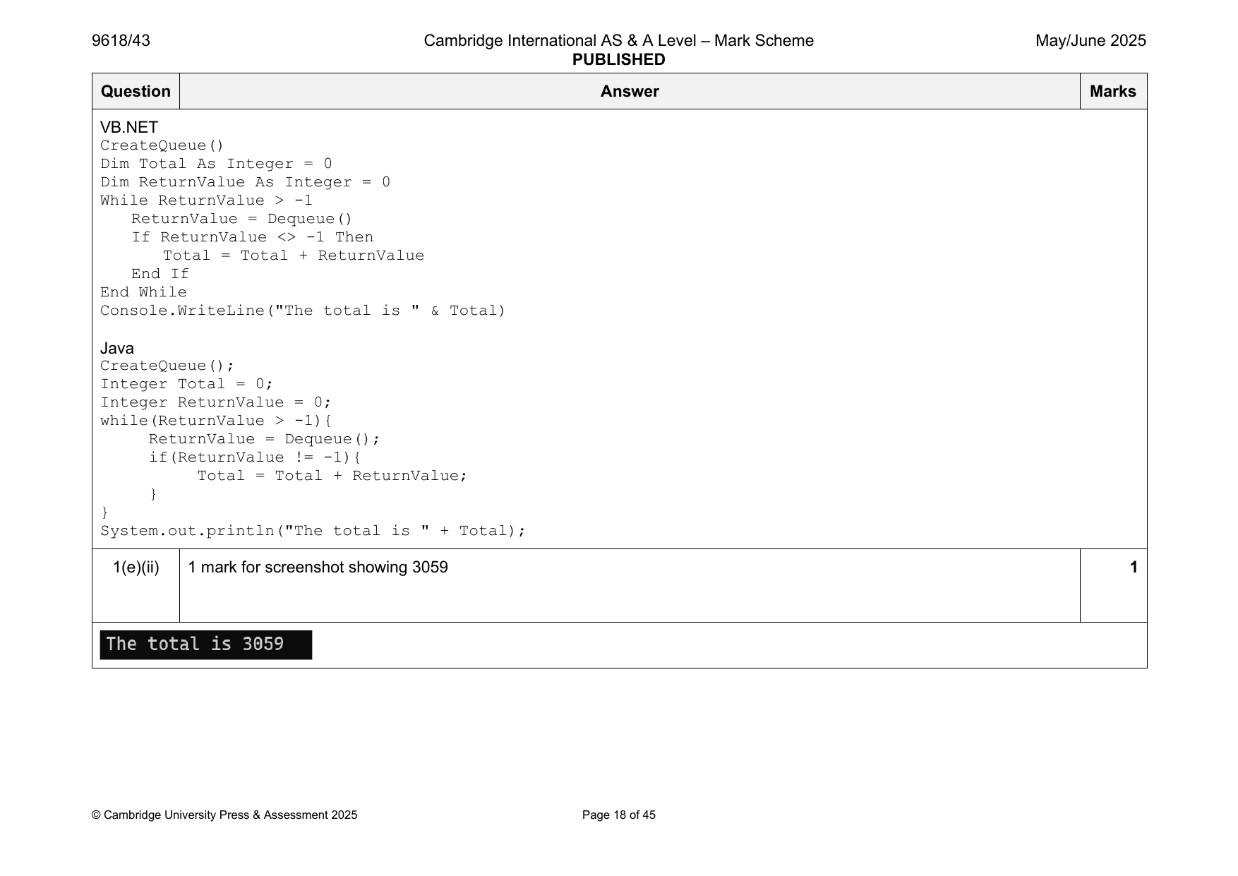 9618-2025-mj-43-q01 official mark scheme page
