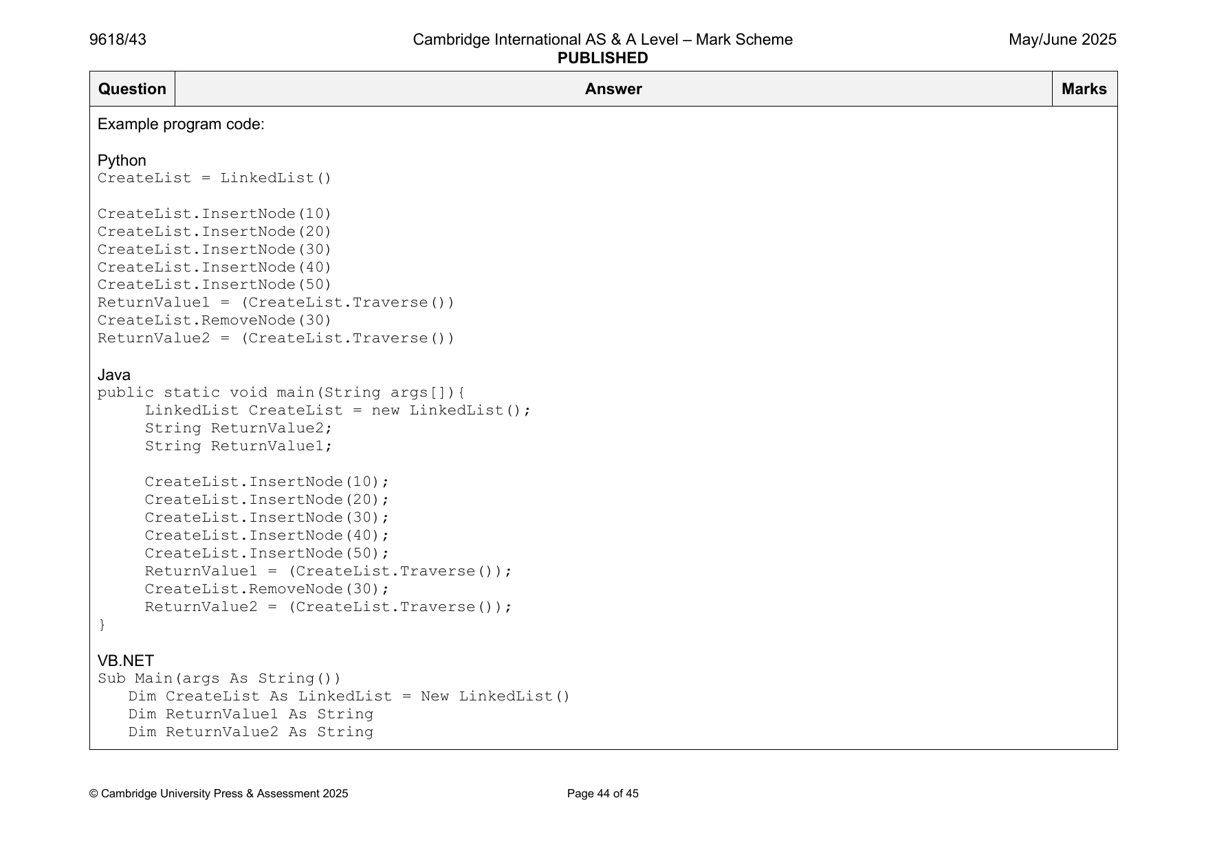 9618-2025-mj-43-q03 official mark scheme page