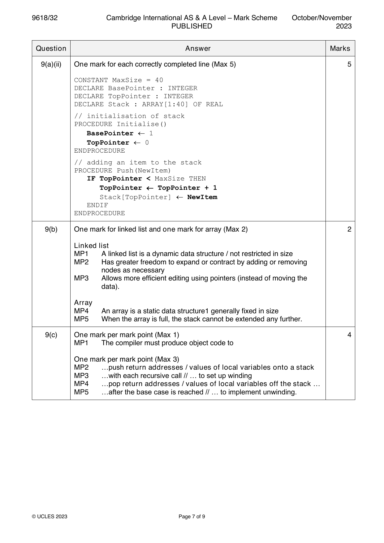 9618-2023-on-32-q09 official mark scheme page