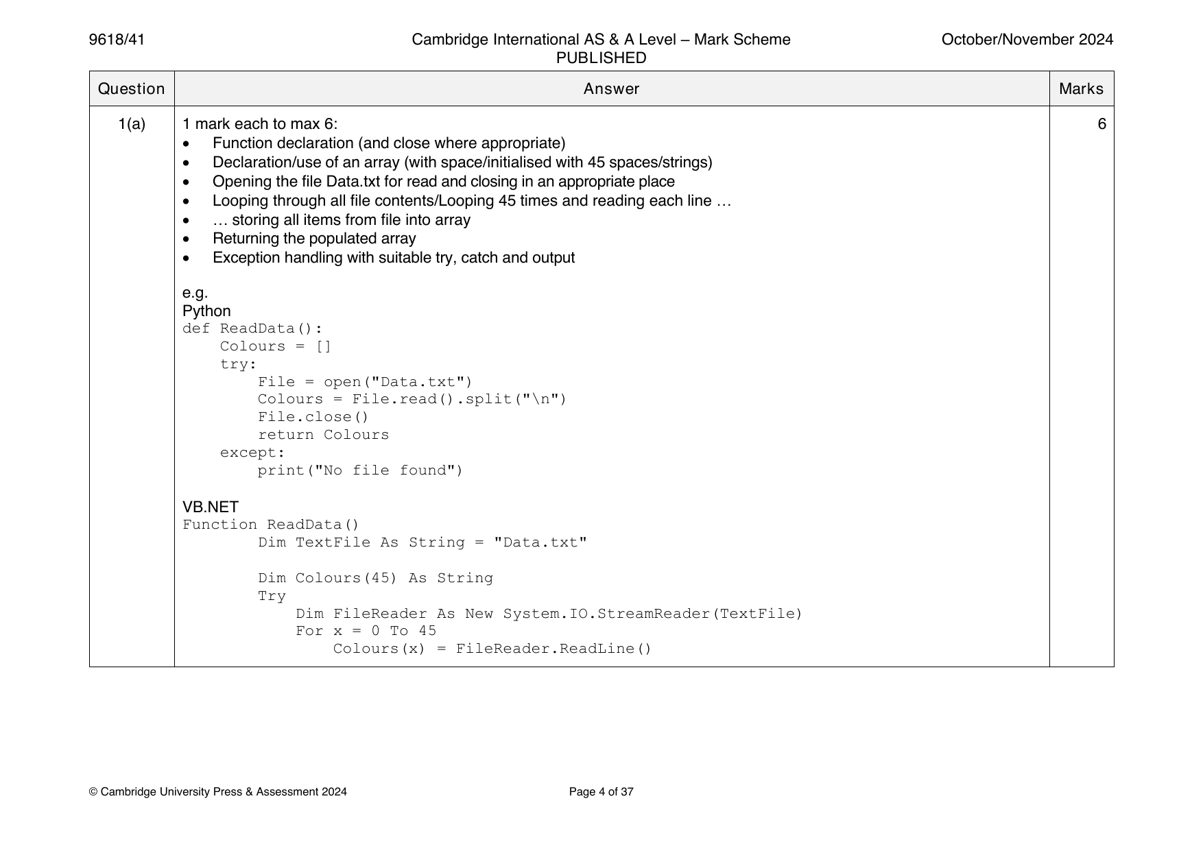 9618-2024-on-41-q01 official mark scheme page