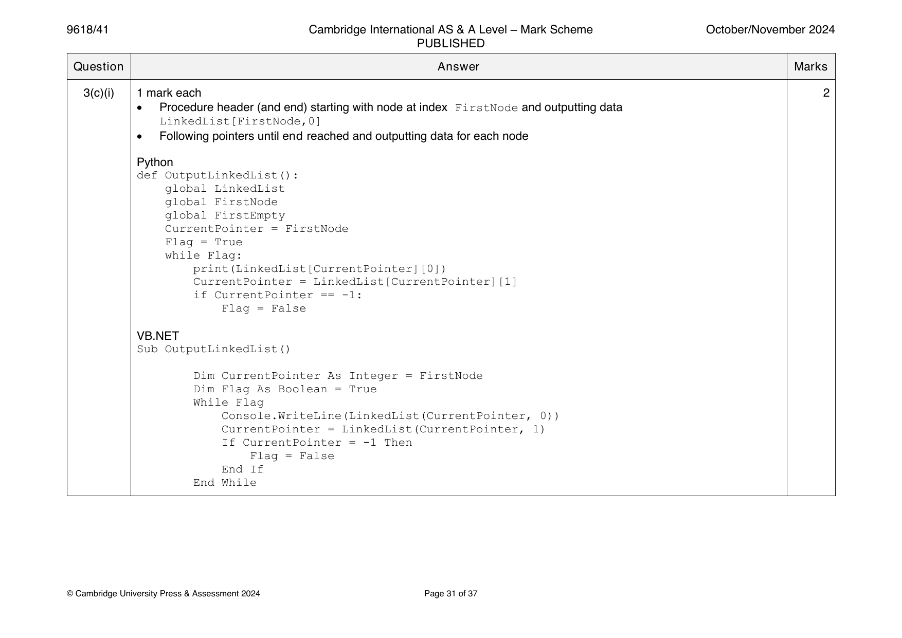 9618-2024-on-41-q03 official mark scheme page
