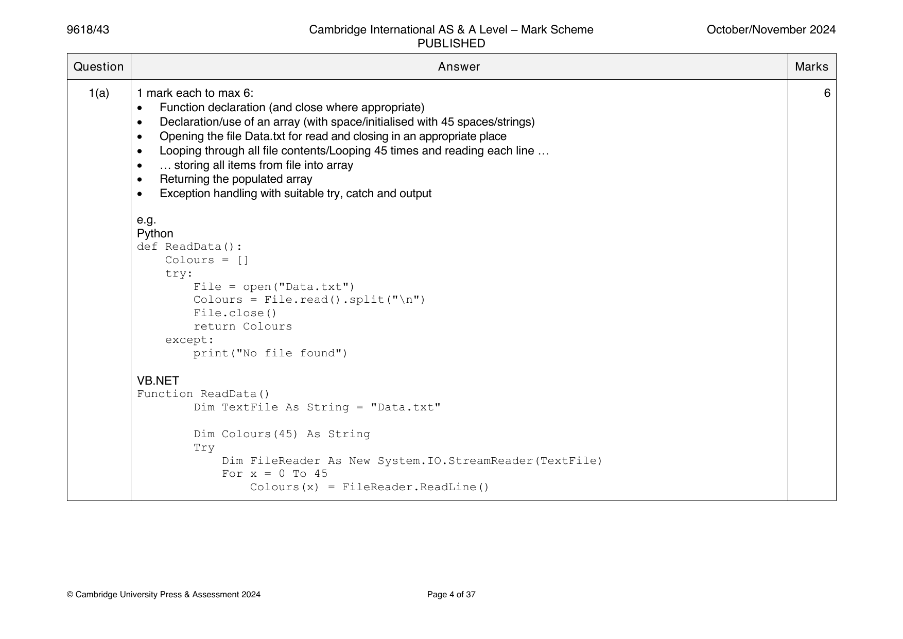 9618-2024-on-43-q01 official mark scheme page