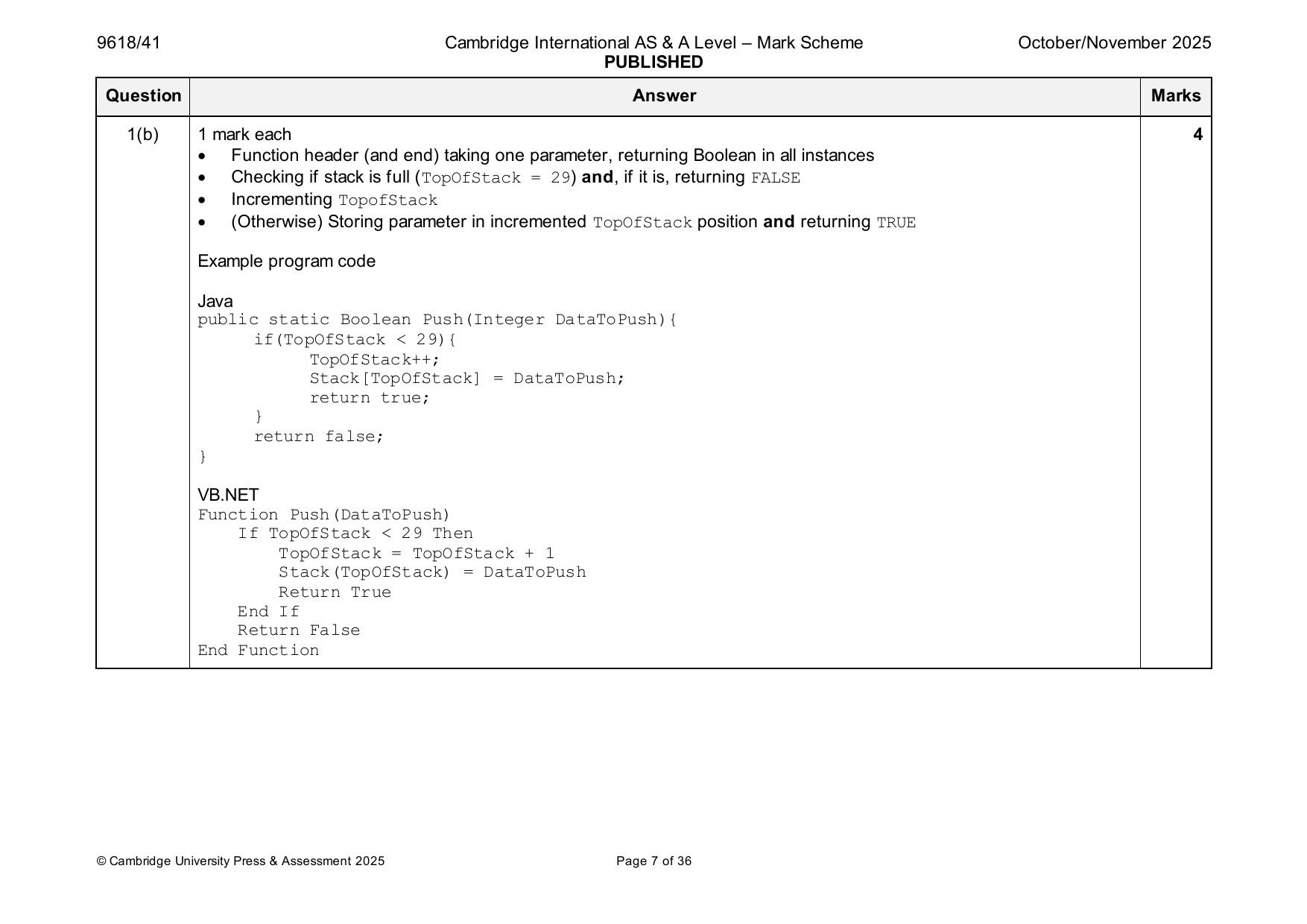 9618-2025-on-41-q01 official mark scheme page