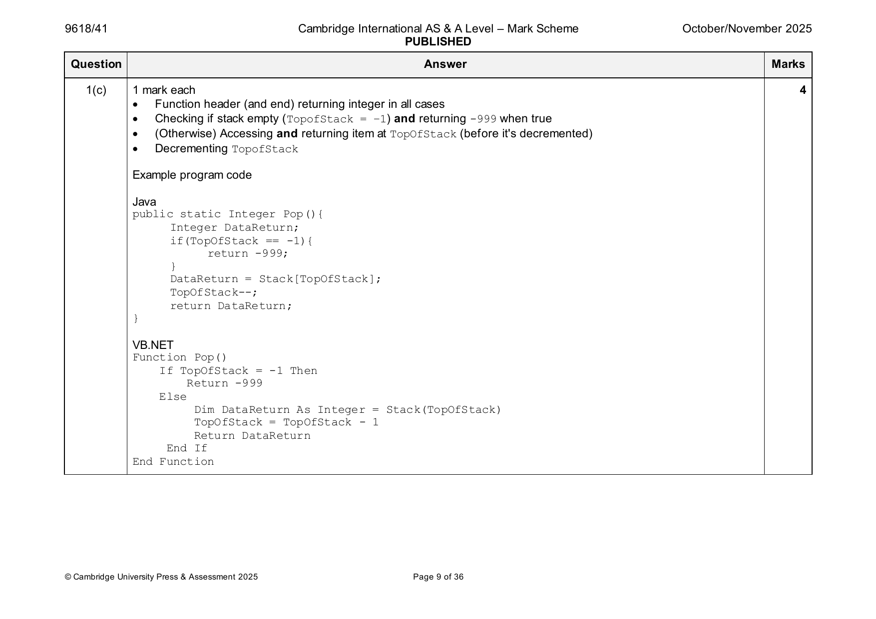9618-2025-on-41-q01 official mark scheme page