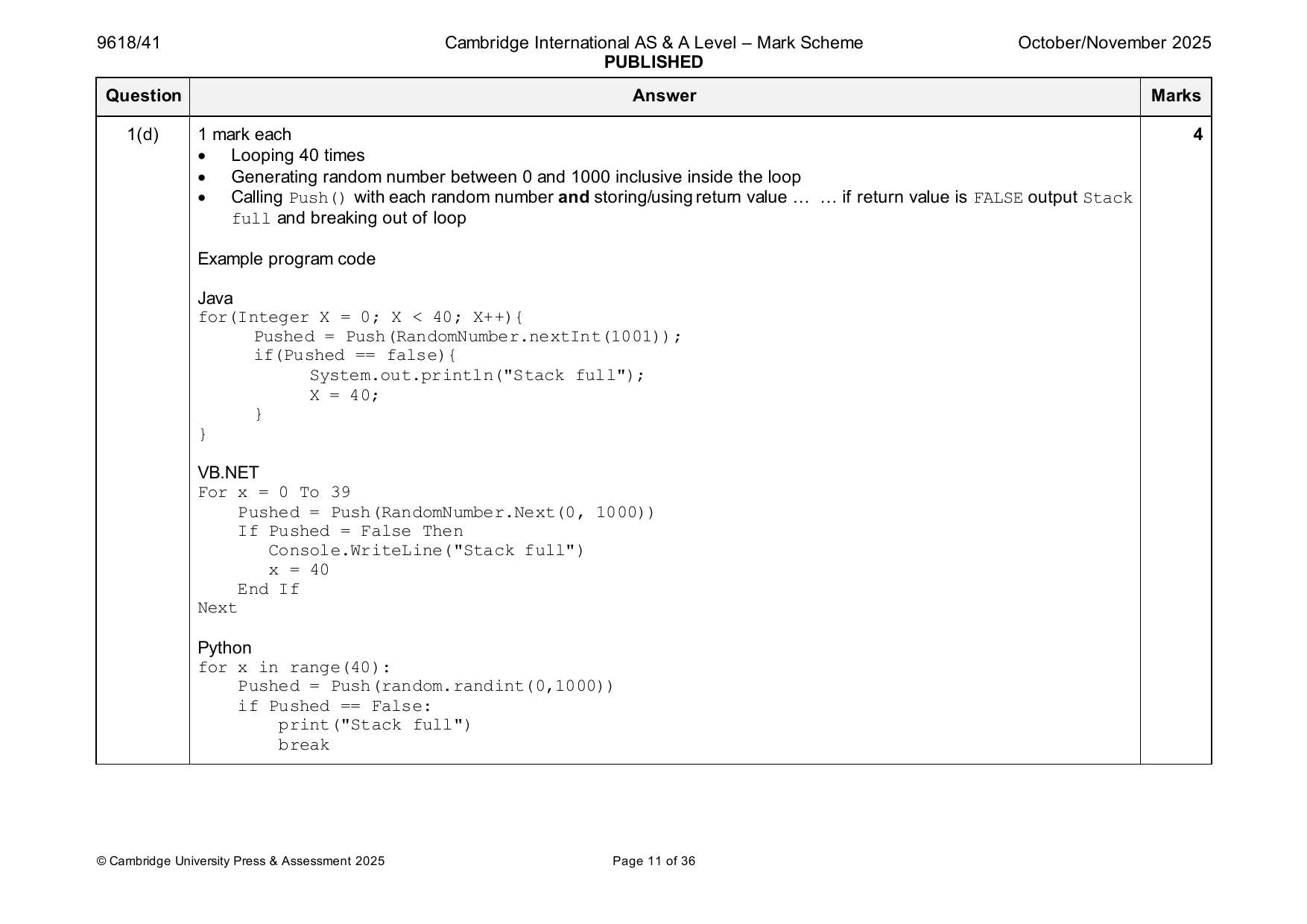 9618-2025-on-41-q01 official mark scheme page