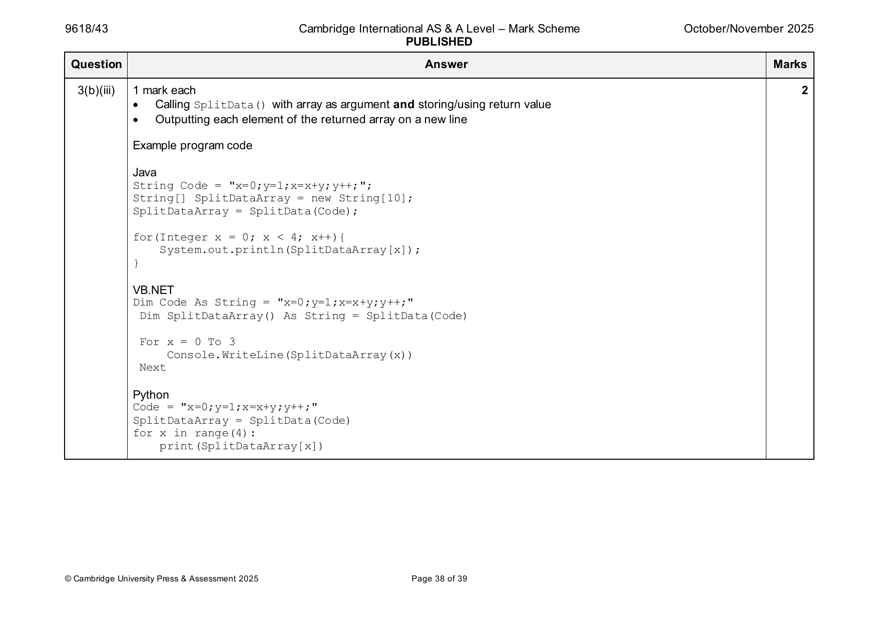 9618-2025-on-43-q03 official mark scheme page