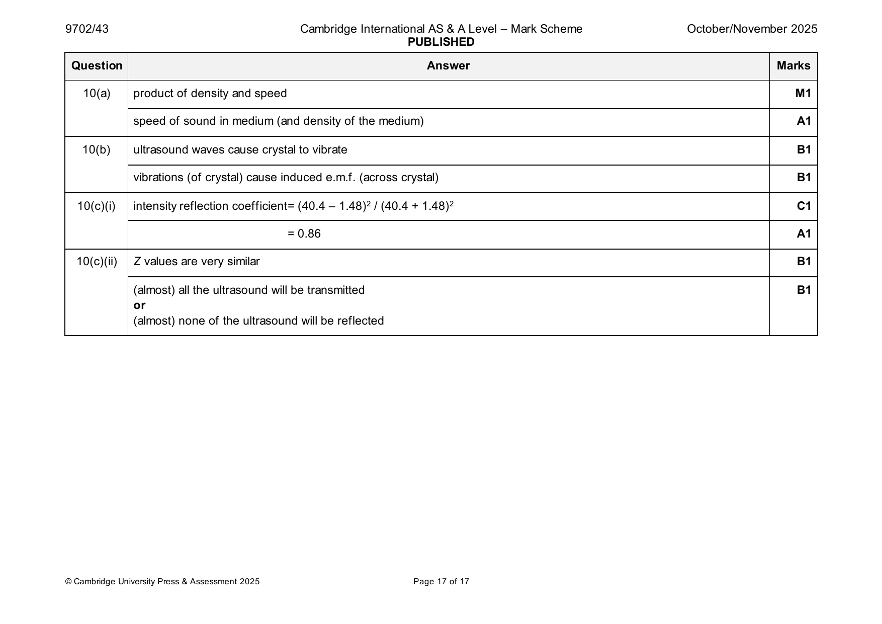 9702-2025-on-43-q10 official mark scheme page
